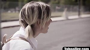 Slutty teen 18+ threesome fucked by homeless guy