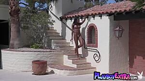 ebony teen amber rose drops tiny bikini outdoors