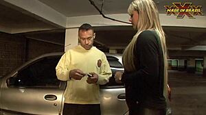 man fucks blonde outdoors near cuckold husband