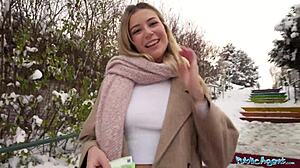 cute blonde student gives sloppy outdoor pov blowjob then rides big cock in public