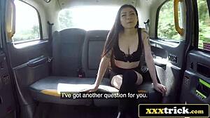 Japanese babe rides thick cock in the back of a taxi