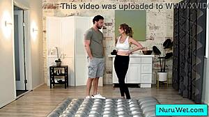 Busty redhead teen masseuse prepares client for nuru massage