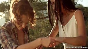 an outdoor arousement with fingering and licking
