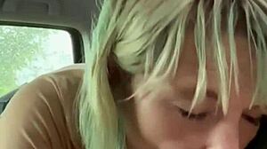 Real hooker sucks cock in backseat and swallows every drop.