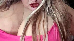 Susi shows huge boobs in red dress sucking bbc toy
