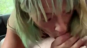 Real hooker sucks cock in backseat and swallows every drop.