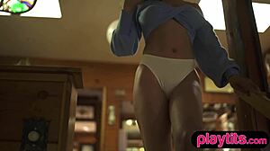 Petite ebony milf strips naked revealing big boobs!