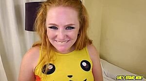 Thick blue eyed redhead with perky tits loves to suck cock