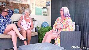 oldnanny busty mature ladies strip and play poolside