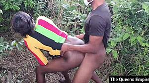 University lovers fuck in the bush with her bent over for doggystyle