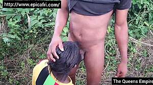 University lovers fuck in the bush with her bent over for doggystyle