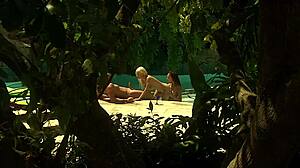 Two hot pool babes with perfect tits compare their fuck holes outdoors