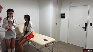 students katty west and kate rich get examined by doctor
