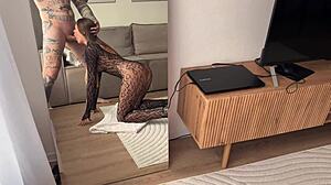Busty in fishnet stocking gets fucked hard sucks cock and gets cum on her face