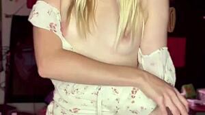 cute tiny 18 blonde strips and buzzes pink pussy to ahegao cum 😜