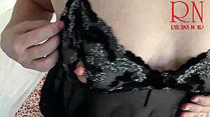 homemade glamour beauty regina noir in satin lingerie curves gracefully on the bed