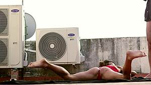 woman in red wants hard fucking on the rooftop