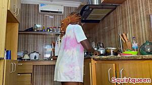 Cooking dinner turns into something fun in kitchen