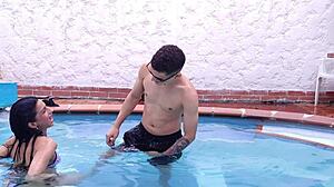 Madrastra at pool with young man