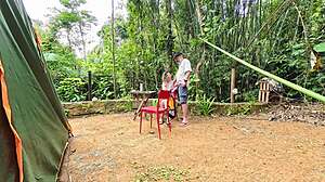 Girl from campsite gives blowjob and rides hard