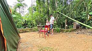 Girl from campsite gives blowjob and rides hard