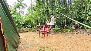 Girl from campsite gives blowjob and rides hard