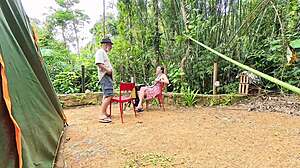Girl from campsite gives blowjob and rides hard