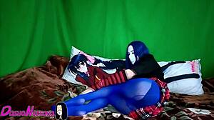 Dashanoihara 17 - cute office transgirl in blue pantyhose strokes