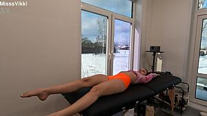 She starts gentle morning yoga stretch in bed wearing sheer