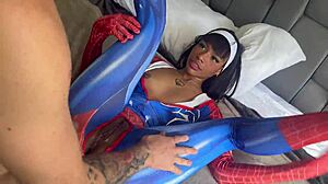 destroyed spiderwoman ebony pussy and she swallows my super load