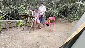 Naughty woman gives a blowjob and rides a stranger at the campsite