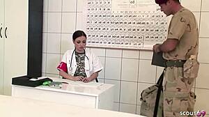 Military nurse teen 18+ with big natural bouncing boobs seduce to fuck at medical exam by fat cock guy