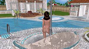 Cute Animated Girl Poses Sexily and Showers by Pool in 3D Porn