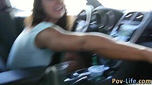 Teen with small tits gets interracial blowjob and cumshot.