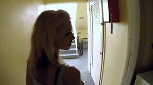 Blonde teen giving blowjob outdoors