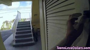 Blonde teen giving blowjob outdoors