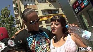 My wet shirt leads to blowjob and licking outdoors