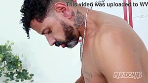 Gay guys start fucking in bedroom, move to shower with monster cocks and asses