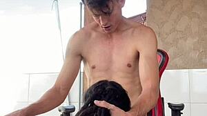 tattooed babe gets blowjob on porch, drinks all cum