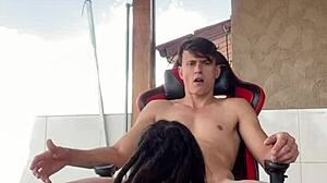 tattooed babe gets blowjob on porch, drinks all cum