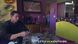 Let's head outside for a fuck by the pool with big tits ebony babe