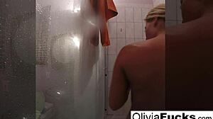 pierced olivia, this blonde milf, washes off her nude body after a long day