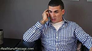 Fetish masseuse swallows after a steamy Asian nuru massage session.