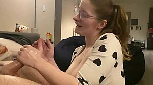 Huge cock explodes over massive tits in tight bodysuit after wild handjob