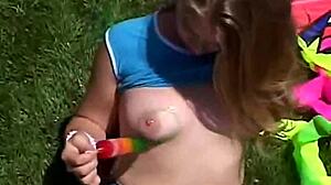 Teen Little April Rubs Clit Outdoors and Sucks Popsicle!