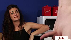 Cute babe opens legs in kitchen to guide jerking guy. British femdom rules with cfnm domination!