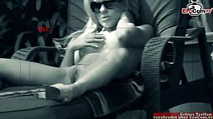 busty blonde slut seduced by the pool for outdoor sex with monster cock