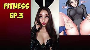 the busty teacher says, 'work out with me in the gym' in this hentai episode