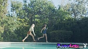 Hot Lesbians Charly Summer And Jazlyn Ray Playing Tig By The Pool Outdoor