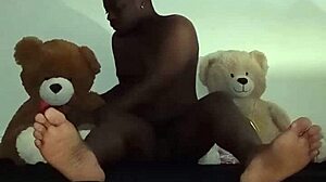 enjoying threesome with furry toy bears